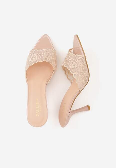 Beżowe Koronkowe Klapki na Szpilce Lyvete 6