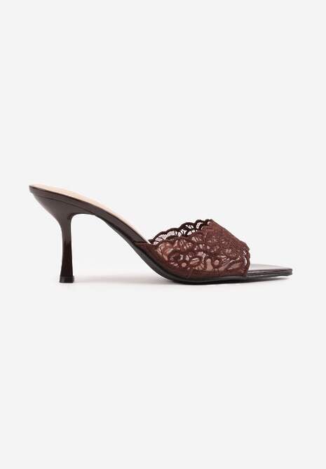 Brązowe Koronkowe Klapki na Szpilce Lyvete 4