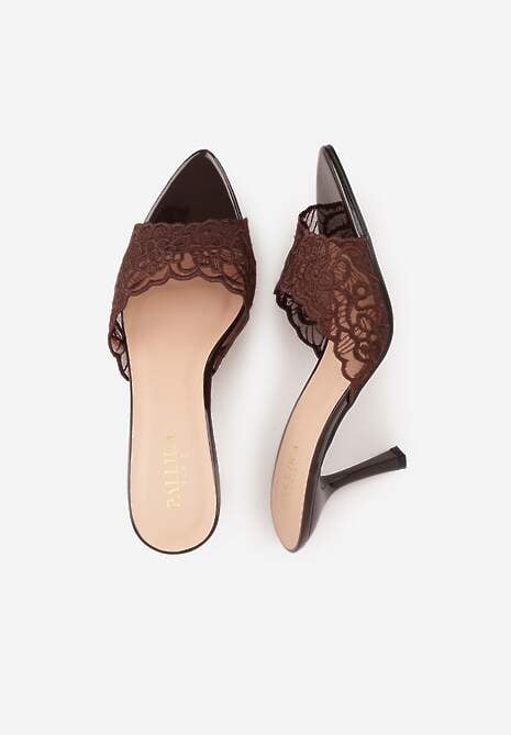 Brązowe Koronkowe Klapki na Szpilce Lyvete 6