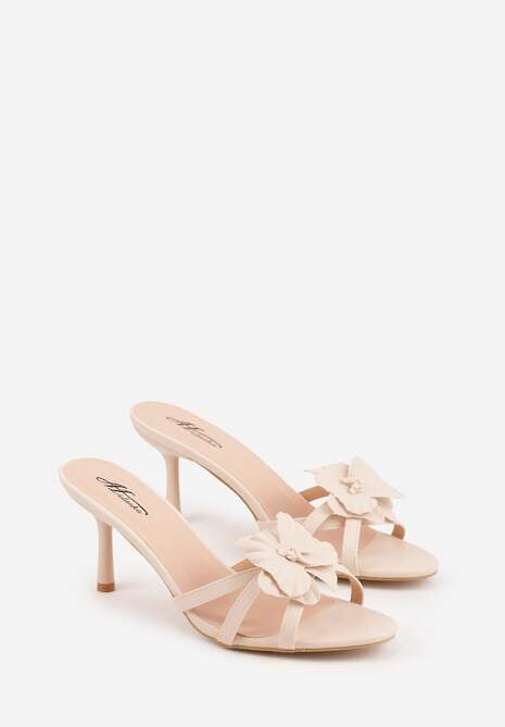 Beżowe Klapki na Szpilce z Ozdobnym Kwiatkiem Brialora 5