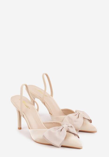 Beżowe Szpilki o Satynowym Wykończeniu z Aplikacją w Kształcie Kokardy Gihaen 5