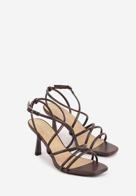 Brązowe Sandały na Szpilce z Cienkimi Paseczkami i Kwadratowym Noskiem Danita 5