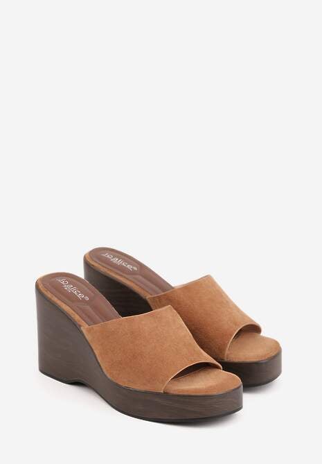 Jasnobrązowe Klapki Typu Drewniaki z Imitacji Zamszu na Koturnie Abilisa 5