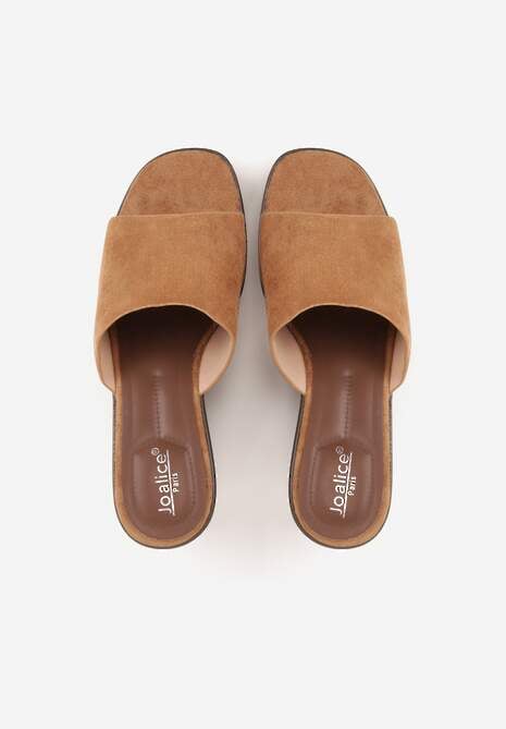 Jasnobrązowe Klapki Typu Drewniaki z Imitacji Zamszu na Koturnie Abilisa 6