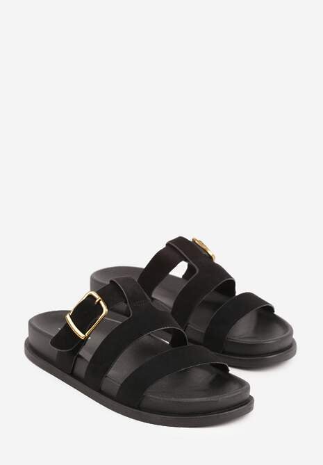 Czarne Klapki Ozdobione Geometrycznymi Paskami i Metaliczną Klamrą Hossei 5