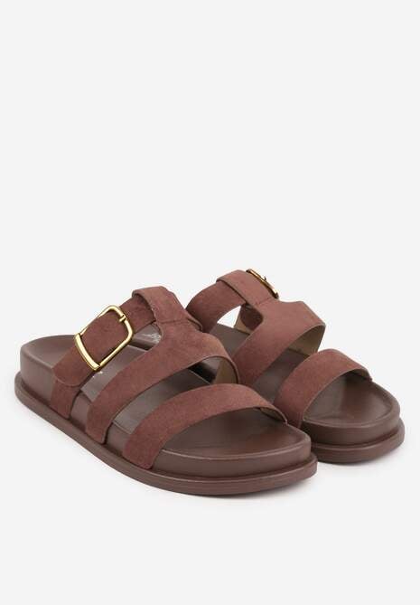 Brązowe Klapki Ozdobione Geometrycznymi Paskami i Metaliczną Klamrą Hossei 5