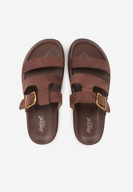 Brązowe Klapki Ozdobione Geometrycznymi Paskami i Metaliczną Klamrą Hossei 6