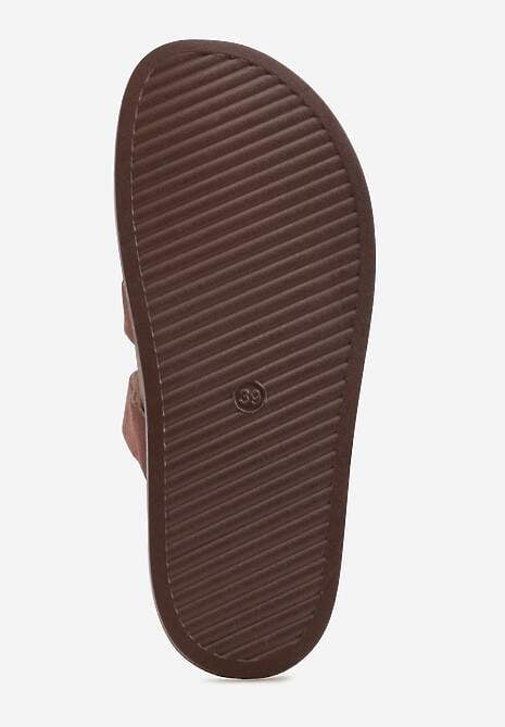 Brązowe Klapki Ozdobione Geometrycznymi Paskami i Metaliczną Klamrą Hossei 7