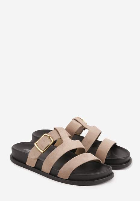 Ciemnobeżowe Klapki Ozdobione Geometrycznymi Paskami i Metaliczną Klamrą Hossei 5