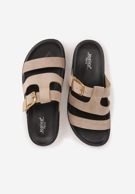 Ciemnobeżowe Klapki Ozdobione Geometrycznymi Paskami i Metaliczną Klamrą Hossei 6