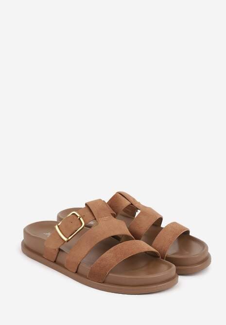Jasnobrązowe Klapki Ozdobione Geometrycznymi Paskami i Metaliczną Klamrą Hossei 5