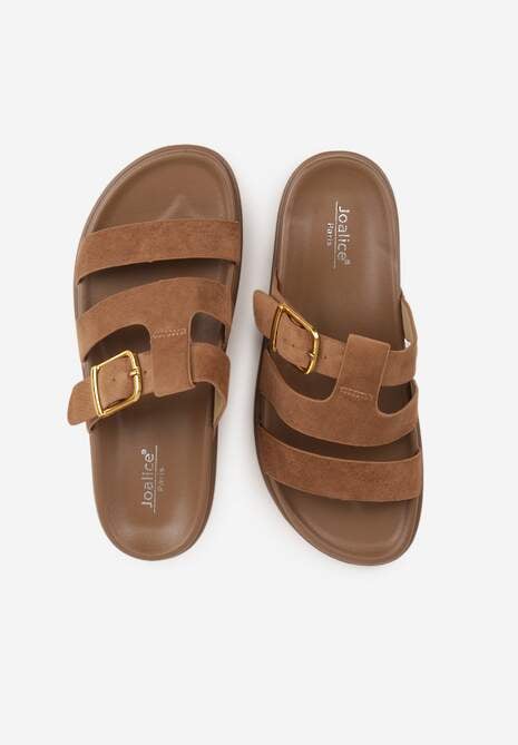 Jasnobrązowe Klapki Ozdobione Geometrycznymi Paskami i Metaliczną Klamrą Hossei 6