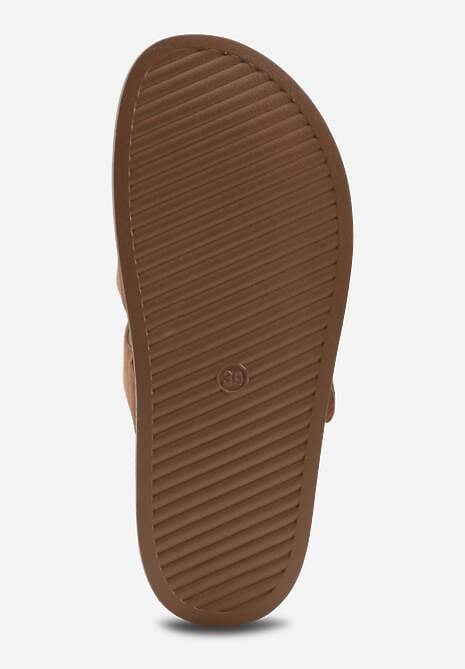 Jasnobrązowe Klapki Ozdobione Geometrycznymi Paskami i Metaliczną Klamrą Hossei 7