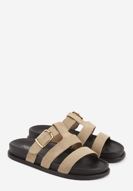 Beżowe Klapki Ozdobione Geometrycznymi Paskami i Metaliczną Klamrą Hossei 5
