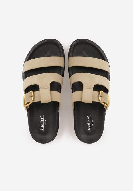 Beżowe Klapki Ozdobione Geometrycznymi Paskami i Metaliczną Klamrą Hossei 6