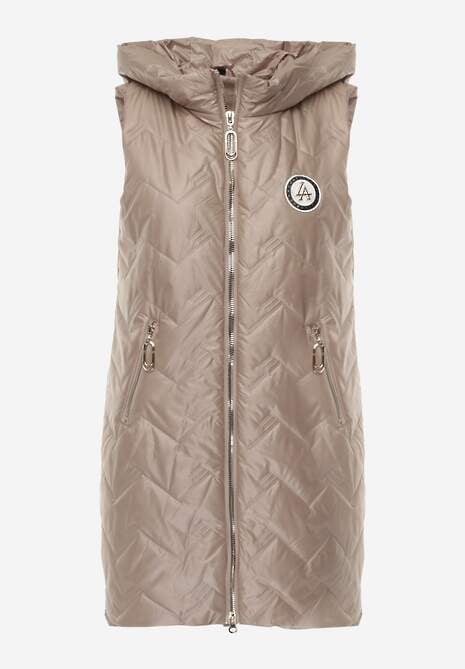 Brązowa Długa Pikowana Kamizelka z Kapturem i Ozdobną Naszywką Mentape 6