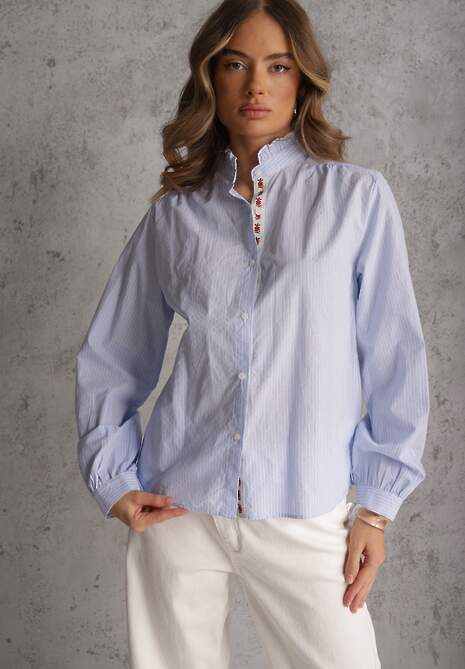 Niebieska Koszula z Bawełną Zdobiona Haftem i Stójką z Falbanką Linivia 4