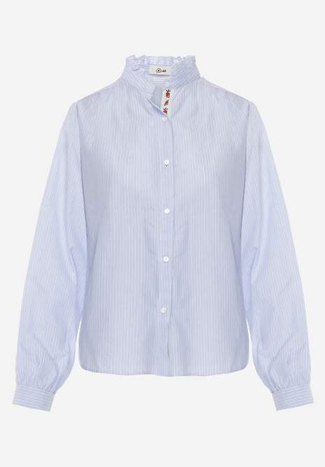 Niebieska Koszula z Bawełną Zdobiona Haftem i Stójką z Falbanką Linivia 6