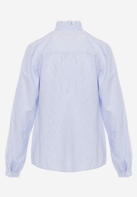 Niebieska Koszula z Bawełną Zdobiona Haftem i Stójką z Falbanką Linivia 7