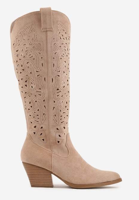 Beżowe Ażurowe Kozaki Typu Kowbojki na Stożkowym Obcasie Antastus 4