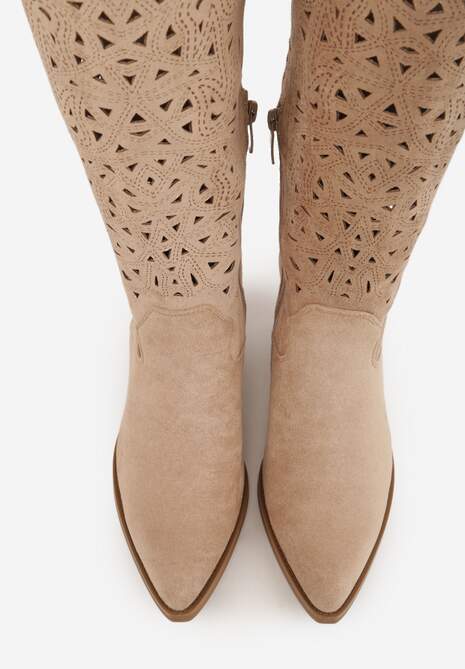 Beżowe Ażurowe Kozaki Typu Kowbojki na Stożkowym Obcasie Antastus 6