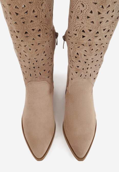 Ciemnobeżowe Ażurowe Kozaki Typu Kowbojki na Stożkowym Obcasie Antastus 6