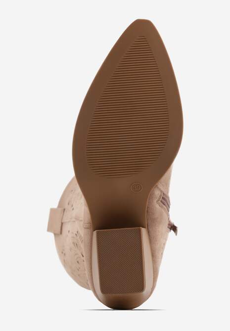 Ciemnobeżowe Ażurowe Kozaki Typu Kowbojki na Stożkowym Obcasie Antastus 7