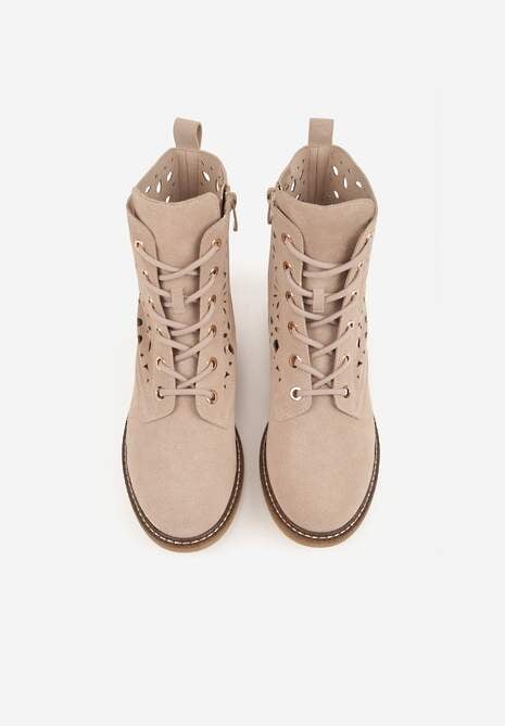 Beżowe Skórzane Botki z Ażurowym Wzorem Kasona 6