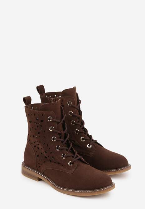 Brązowe Skórzane Botki z Ażurowym Wzorem Kasona 5