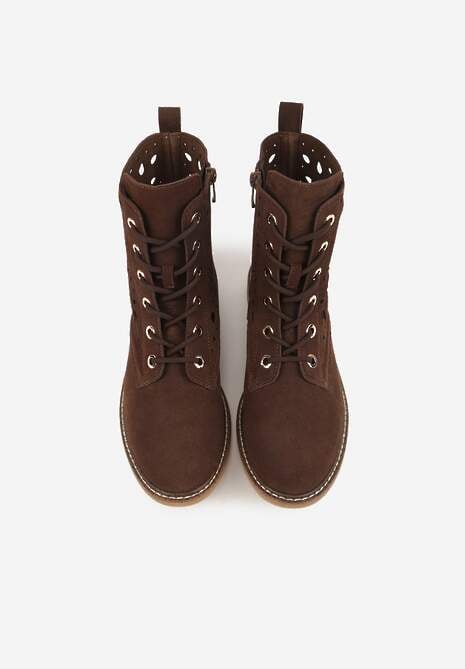 Brązowe Skórzane Botki z Ażurowym Wzorem Kasona 6