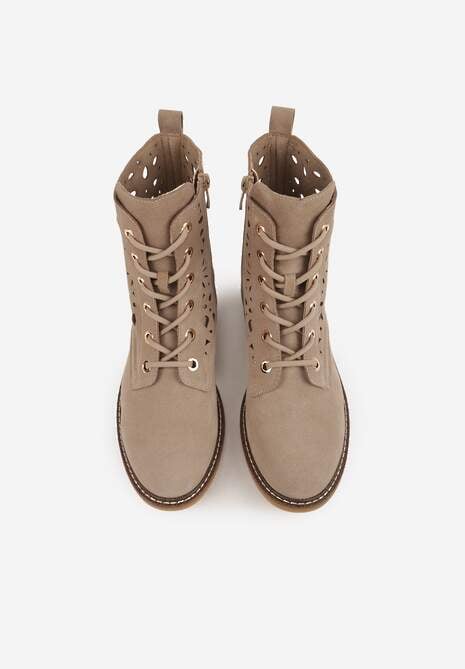 Ciemnobeżowe Skórzane Botki z Ażurowym Wzorem Kasona 6