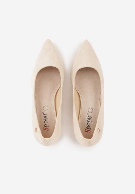 Beżowe Czółenka na Słupku z Wkładką ze Skóry Naturalnej i  Metaliczną Ozdobą Dynaste 6