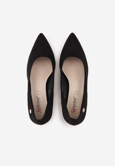 Czarne Czółenka na Słupku z Wkładką ze Skóry Naturalnej i  Metaliczną Ozdobą Dynaste 6