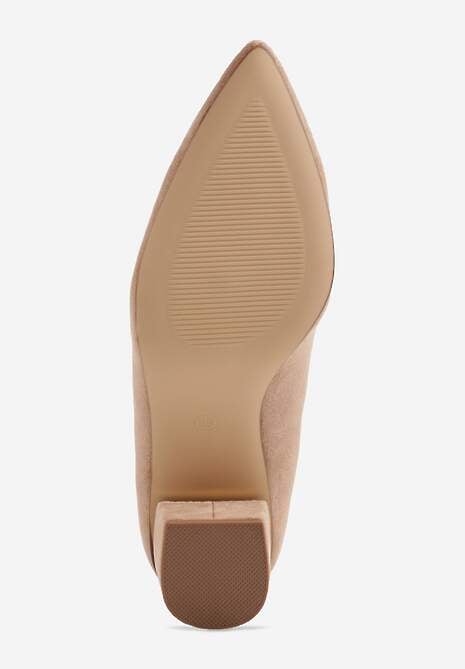 Ciemnobeżowe Czółenka na Słupku z Wkładką ze Skóry Naturalnej i  Metaliczną Ozdobą Dynaste 7