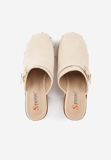 Beżowe Klapki na Słupku w Stylu Chodaków z Klamrami i Nitami Semelaia 6