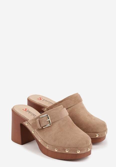 Ciemnobeżowe Klapki na Słupku w Stylu Chodaków z Klamrami i Nitami Semelaia 5