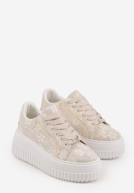 Beżowe Sneakersy na Platformie z Cholewką z Koronką i Brokatem Chada 5
