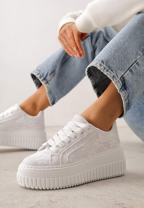 Białe Sneakersy na Platformie z Cholewką z Koronką i Brokatem Chada