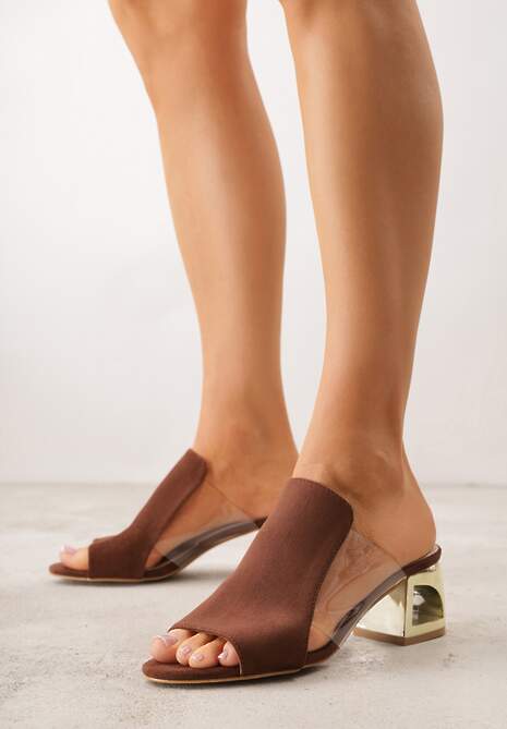 Brązowe Transparentne Klapki na Słupku z Wkładką ze Skóry Naturalnej Neveliza