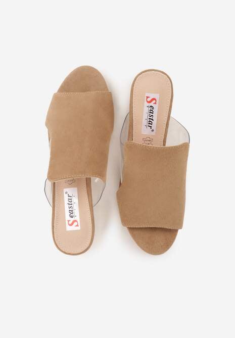 Ciemnobeżowe Transparentne Klapki na Słupku z Wkładką ze Skóry Naturalnej Neveliza 6