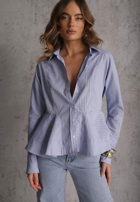 Niebieska Koszula z Baskinką z Bawełną Zdobiona Wzorem w Drobne Paski Merithara 4