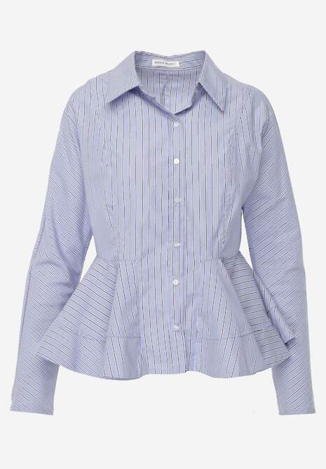 Niebieska Koszula z Baskinką z Bawełną Zdobiona Wzorem w Drobne Paski Merithara 6
