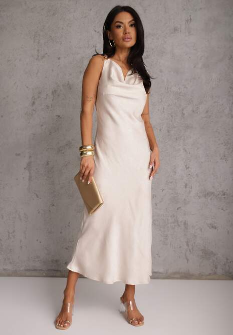 Beżowa Sukienka Slip Dress z Dekoltem Woda i Wiązaniem z Tyłu Atintina 4