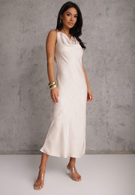 Beżowa Sukienka Slip Dress z Dekoltem Woda i Wiązaniem z Tyłu Atintina