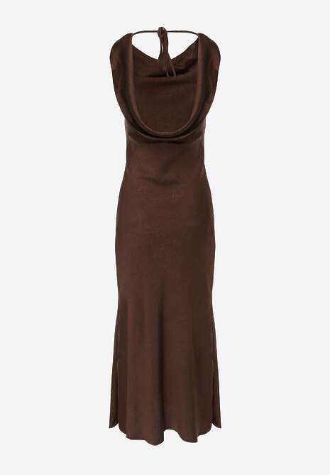 Brązowa Sukienka Slip Dress z Dekoltem Woda i Wiązaniem z Tyłu Atintina 7