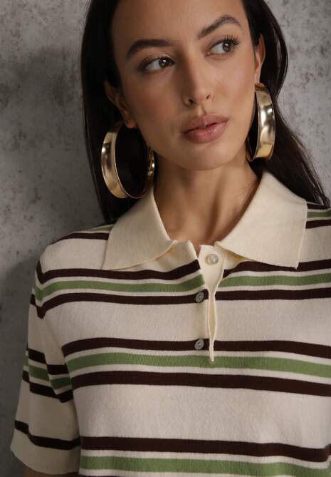 Zielono-Kremowy T-shirt Polo z Wiskozą w Paski z Guzikami Vevevia 5