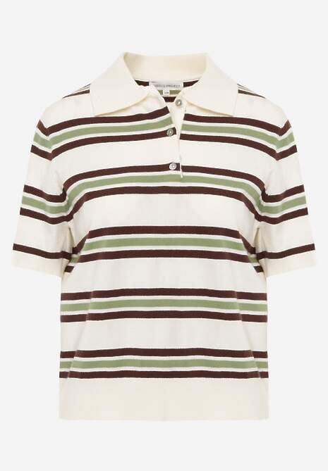 Zielono-Kremowy T-shirt Polo z Wiskozą w Paski z Guzikami Vevevia 6