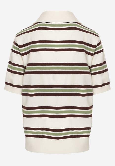 Zielono-Kremowy T-shirt Polo z Wiskozą w Paski z Guzikami Vevevia 7