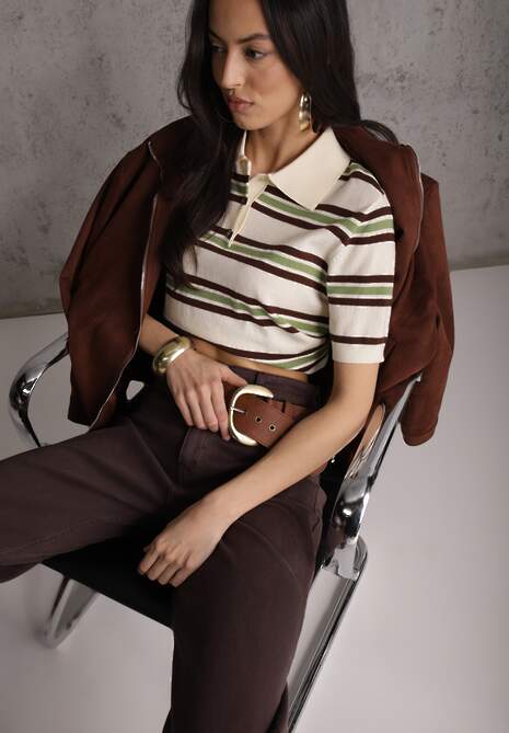 Zielono-Kremowy T-shirt Polo z Wiskozą w Paski z Guzikami Vevevia