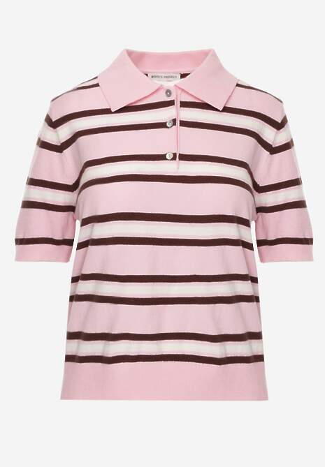 Różowy T-shirt Polo z Wiskozą w Paski z Guzikami Vevevia 6
